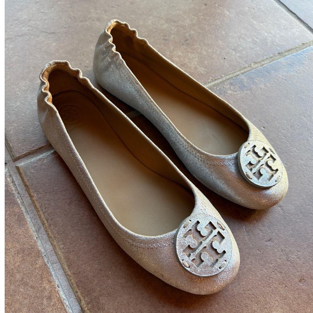 Tory Burch "Minnie" Leather Travel Ballet Flats w Metallic Silver Finish size 8 - Picture 15 of 15